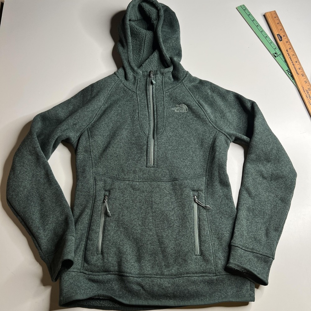 The North Face Crescent Hooded Pullover 1/4 Zip Fleece Jacket Green Womens Small